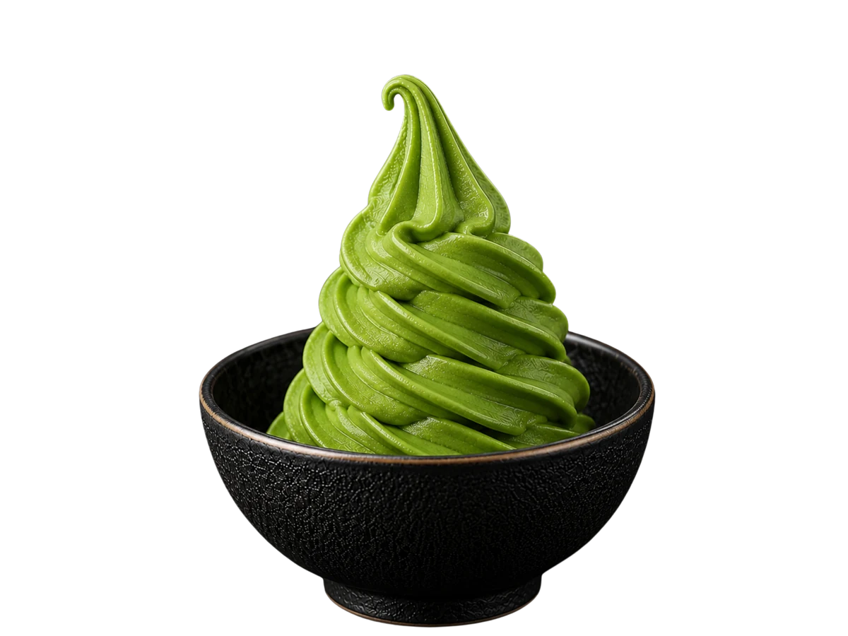 Ceremonial matcha soft serve swirl in a black Japanese bowl