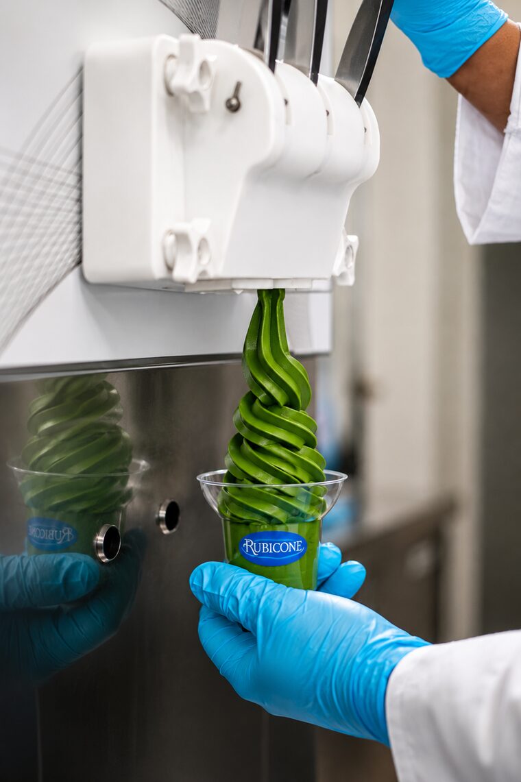 Takumi Ceremonial Matcha Soft Serve Mix 11 Matcha soft serve being drawn from a Rubicone soft serve machine