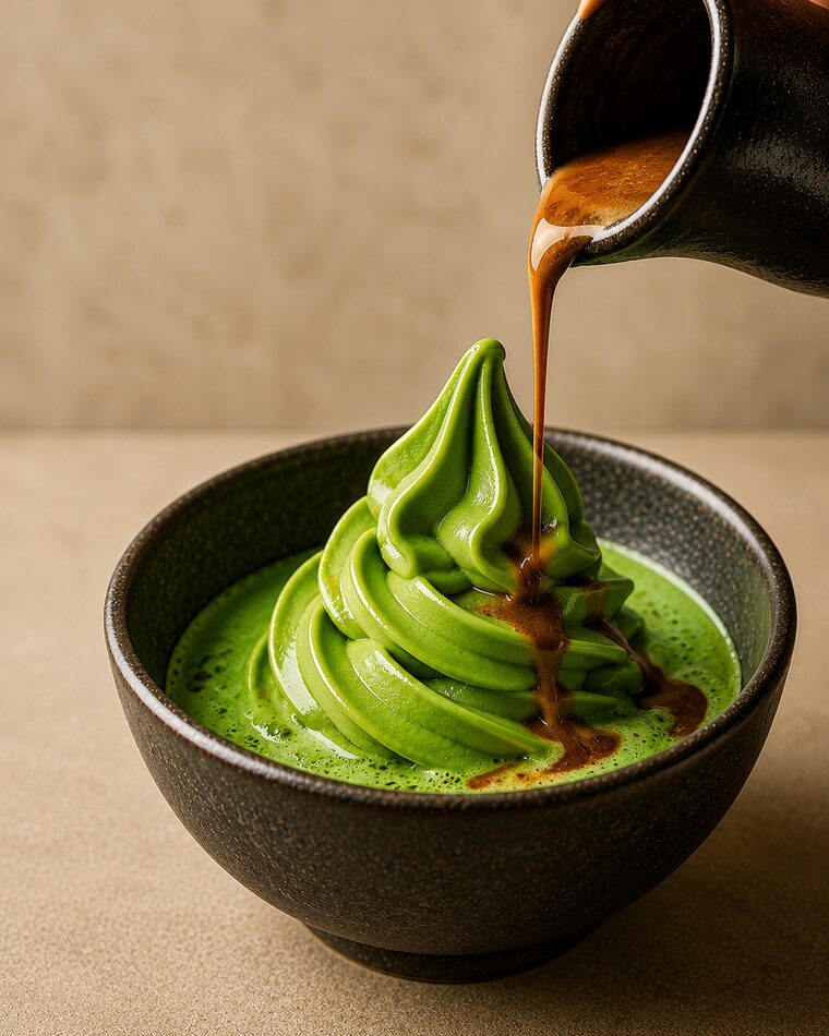 Takumi Ceremonial Matcha Soft Serve Mix 17 Espresso poured over matcha soft serve affogato