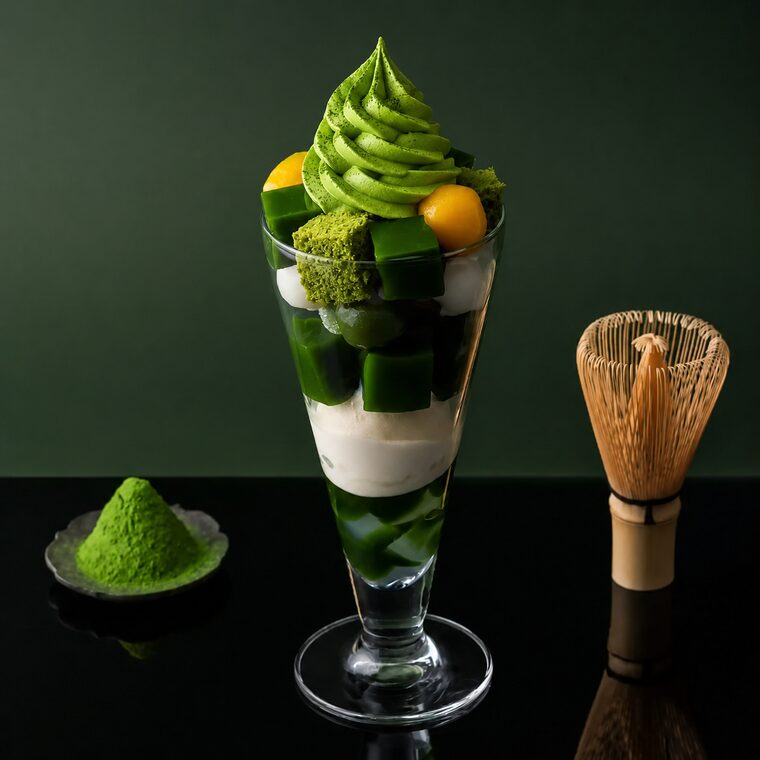 Takumi Ceremonial Matcha Soft Serve Mix 14 Layered matcha parfait in a tall glass