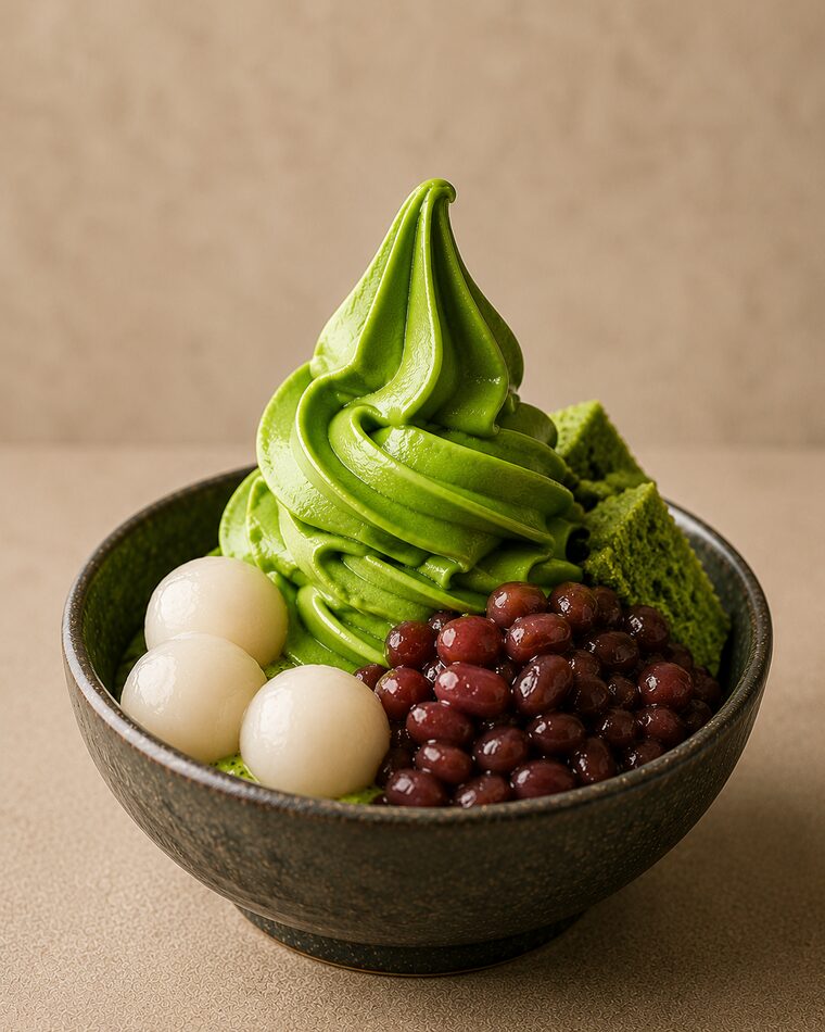 Takumi Ceremonial Matcha Soft Serve Mix 16 Matcha sundae with mochi and red bean in a ceramic bowl