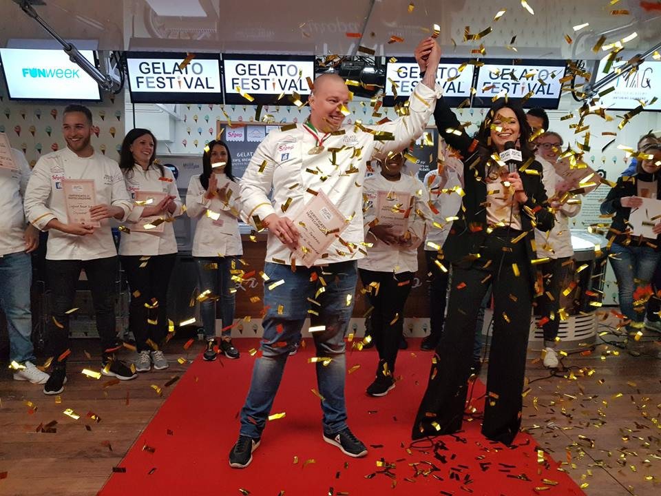 Adam Fazekas Wins Gelato Festival Next Generation in Rome 1 Adam Fazekas with his winning Pistachio Fruit gelato from Fazeks Cukrászda, Budapest