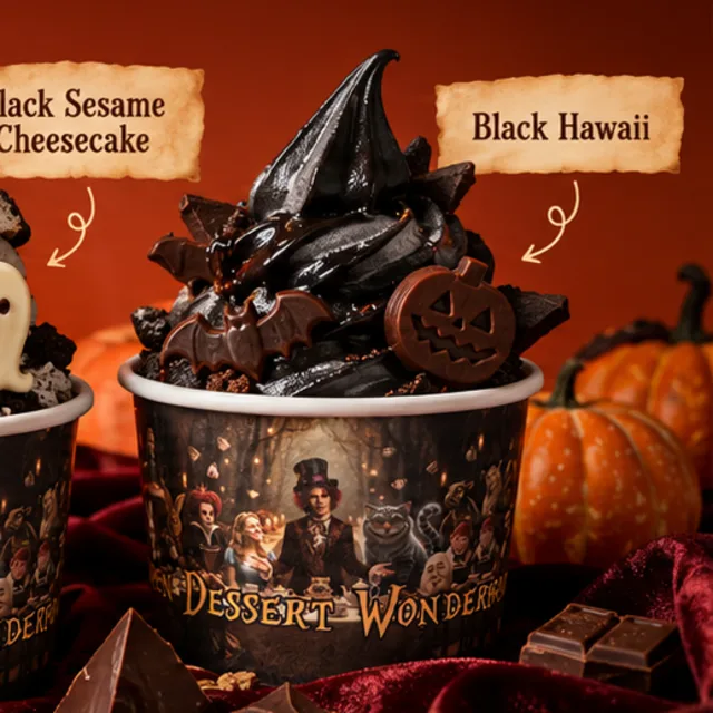 Trick or Treat? Rubicone Halloween flavours for 31 October 3 Black Hawaii soft serve in a Dessert Wonderland cup