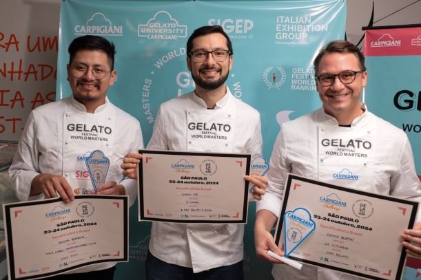 Brazil's Six Best Gelato Artisans of 2024 Announced 1 The three winners of the first day of the Gelato Festival World Masters challenge in São Paulo, 23 October