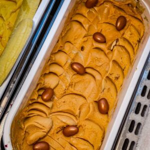 Caramel peanut gelato made with Rubicone ingredients