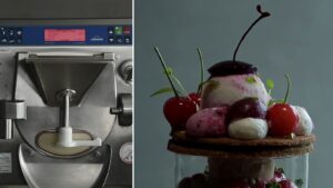 Carpigiani Maestro HE batch freezer beside a cherry Parfait Bijou
