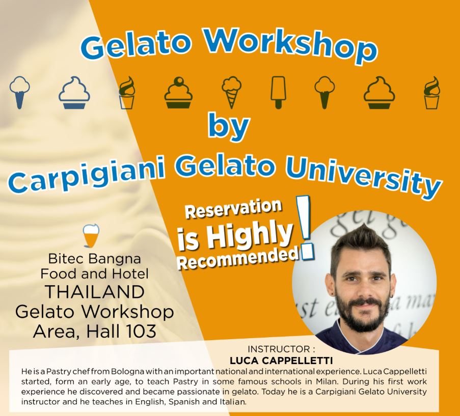 Carpigiani at Food & Hotel Thailand 2019: Gelato Workshops 1 Workshop schedule for Carpigiani at Food and Hotel Thailand 2019