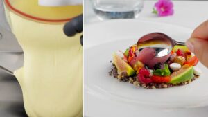 Gelato extruding from a Carpigiani ReadyChef beside a plated fruit and gelato dessert