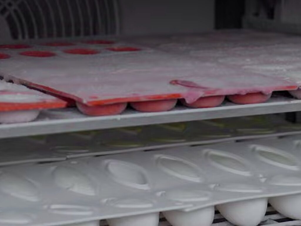 Freezer racks of filled moulds and jars