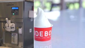 Carpigiani soft serve machine beside a cup of Ideboku farm soft serve