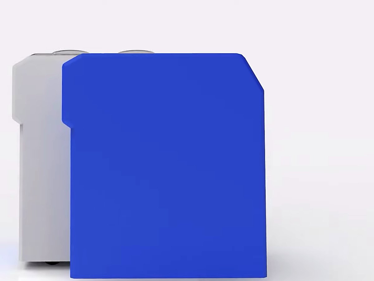 A blue side panel slides into place.