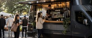 Coffee and food van serving customers on battery power