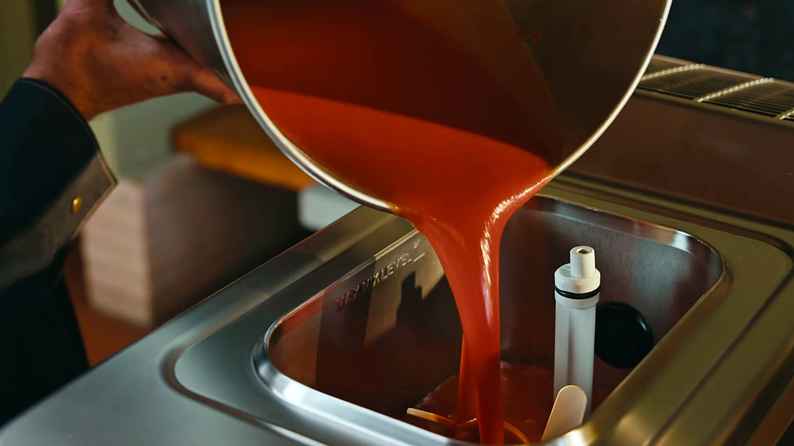 Close up: a vivid red mix fills the Giotto’s hopper.