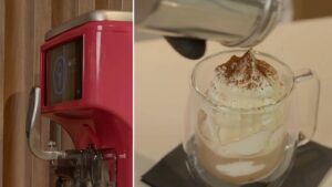 Gelato, Frozen Yoghurt & Soft Serve Machines, Ingredients & Display Cabinets 29 Red Gelmatic Giotto 11 soft serve machine beside a glass cup of soft serve dusted with cocoa