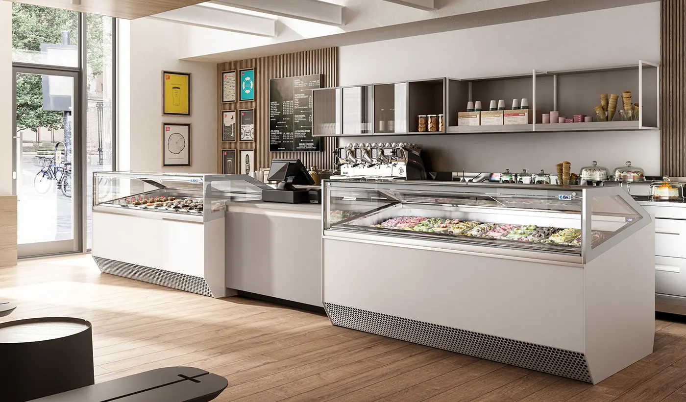 Millennium JX Gelato Display Cabinet 6 ISA Millennium LX gelato display cabinet installed in a store