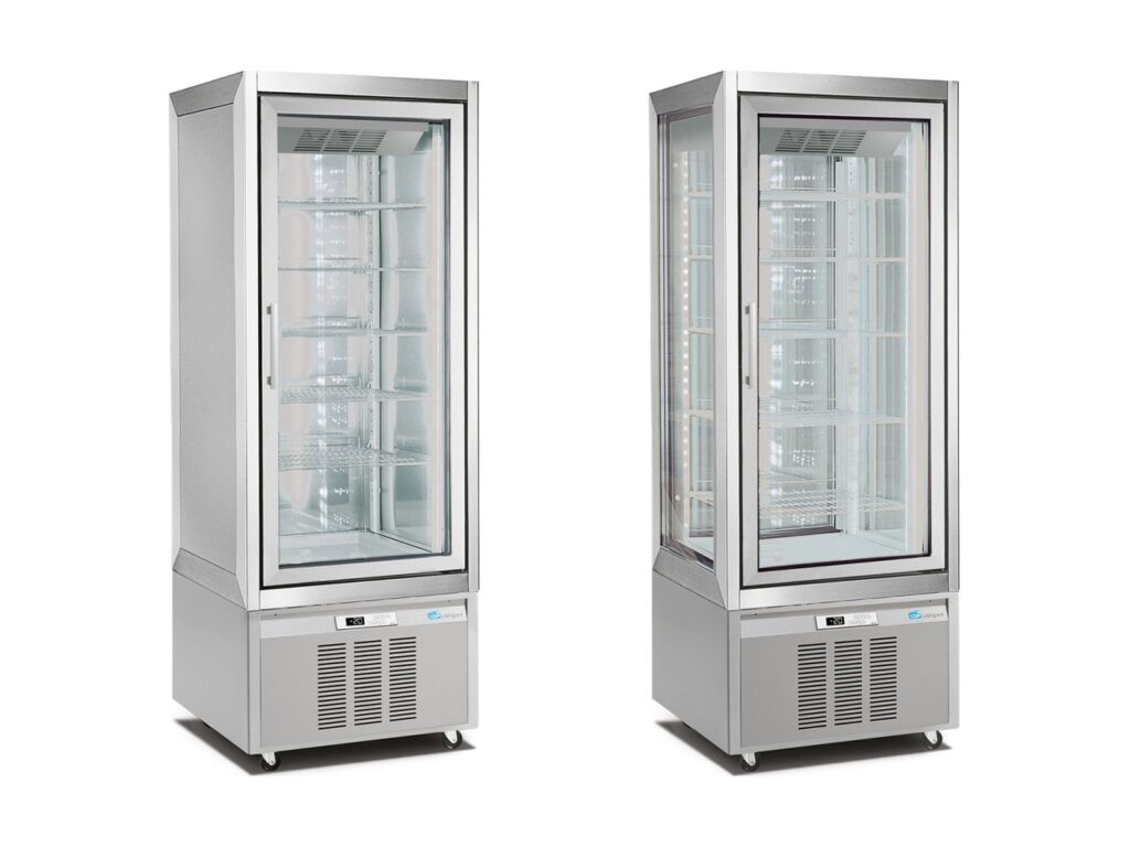 Longoni Classica 3500 and 3700 frozen dessert vertical display cabinets, silver satin finish