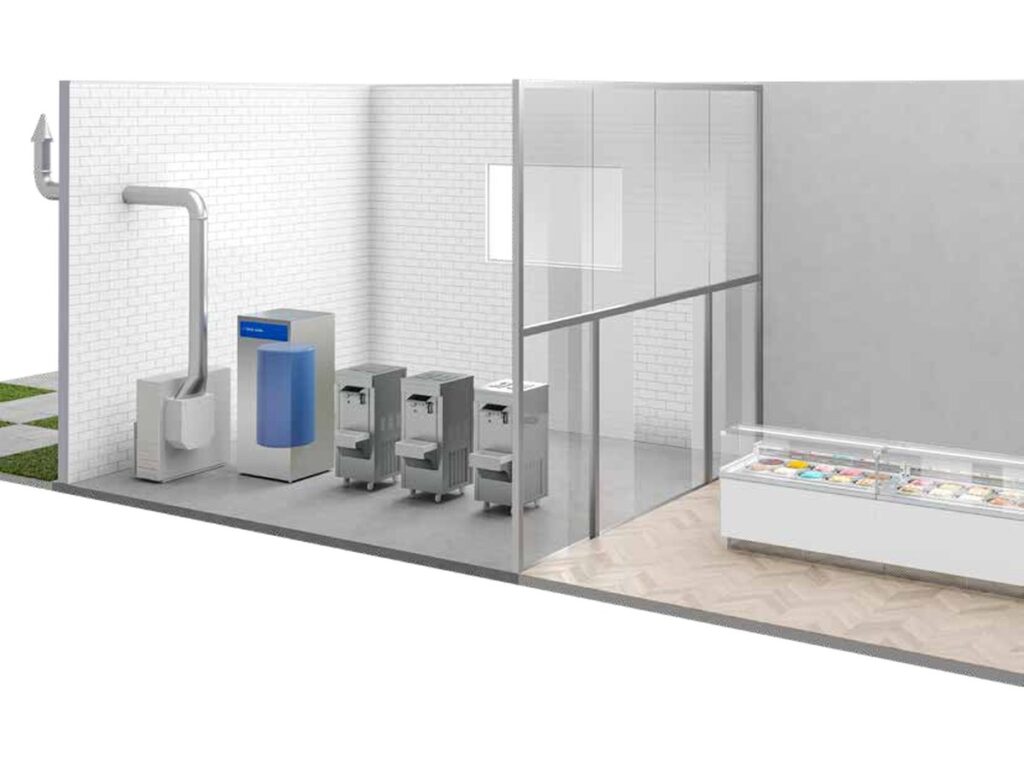 Salvalacqua KUBE water economiser with indoor chiller in a gelato production room