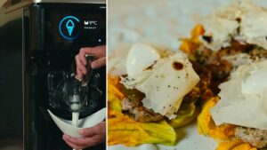 Gelmatic Giotto 11 pouring olive oil gelato beside mini duck burgers topped with savoury gelato
