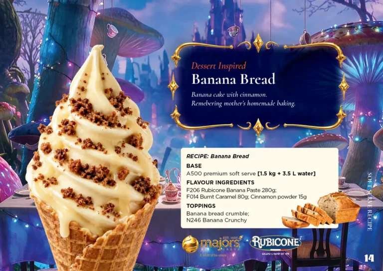 Banana Bread: soft serve recipe idea, Dessert inspired, from the Majors Group Frozen Dessert Wonderland 2026 booklet