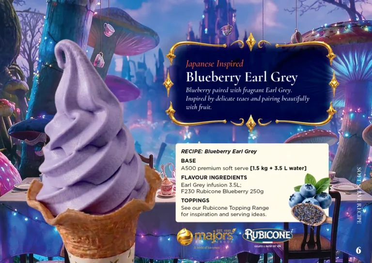 Blueberry Earl Grey: soft serve recipe idea, Asian & Japanese inspired, from the Majors Group Frozen Dessert Wonderland 2026 booklet