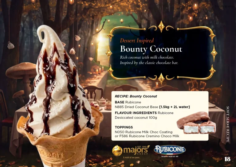 Bounty Coconut: soft serve recipe idea, Dessert inspired, from the Majors Group Frozen Dessert Wonderland 2026 booklet