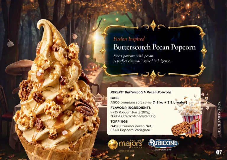 Butterscotch Pecan Popcorn: soft serve recipe idea, Fusion & superfood inspired, from the Majors Group Frozen Dessert Wonderland 2026 booklet