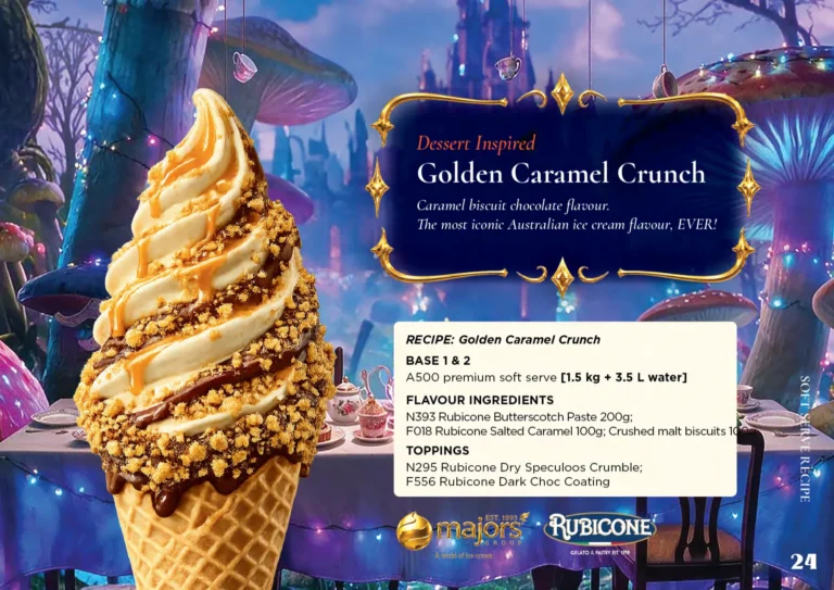 Golden Caramel Crunch: soft serve recipe idea, Dessert inspired, from the Majors Group Frozen Dessert Wonderland 2026 booklet