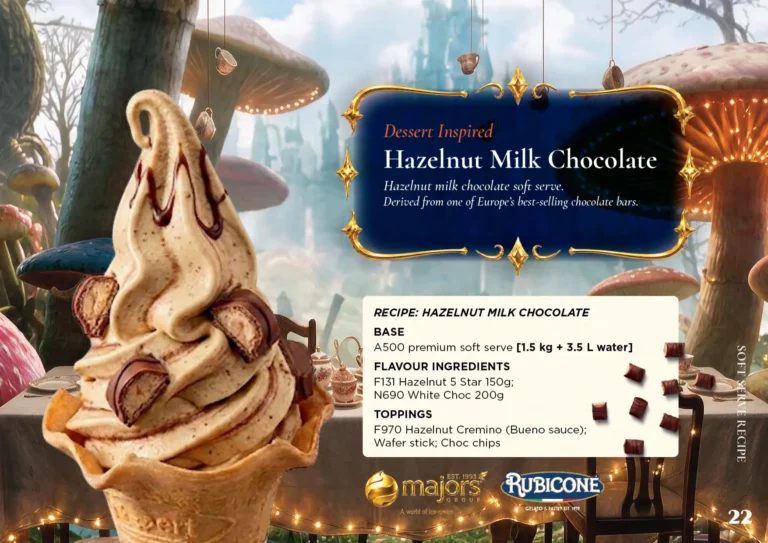 Hazelnut Milk Chocolate: soft serve recipe idea, Dessert inspired, from the Majors Group Frozen Dessert Wonderland 2026 booklet