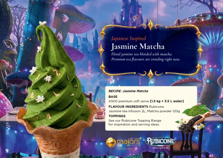 Jasmine Matcha: soft serve recipe idea, Asian & Japanese inspired, from the Majors Group Frozen Dessert Wonderland 2026 booklet