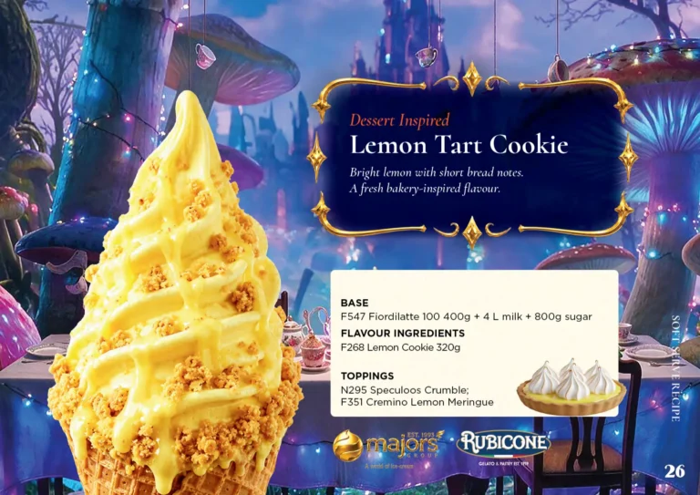 Lemon Tart Cookie: soft serve recipe idea, Dessert inspired, from the Majors Group Frozen Dessert Wonderland 2026 booklet