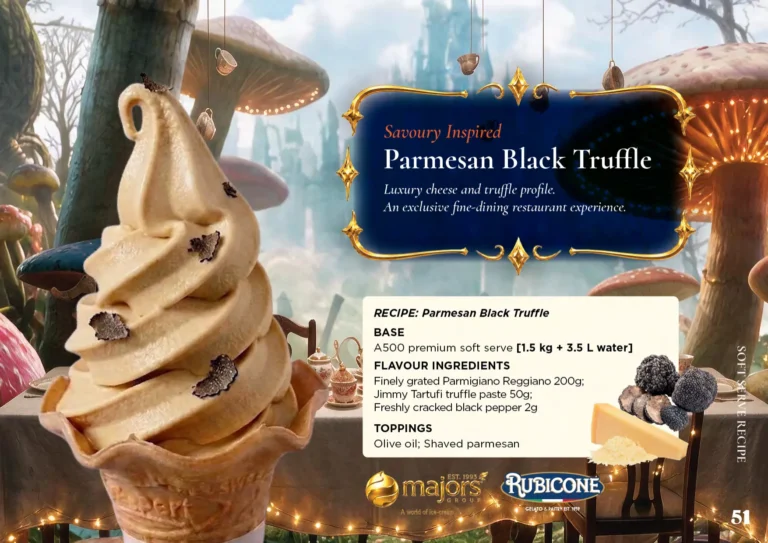 Parmesan Black Truffle: soft serve recipe idea, Savoury inspired, from the Majors Group Frozen Dessert Wonderland 2026 booklet