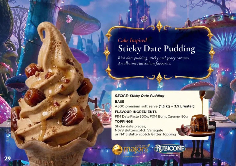 Sticky Date Pudding: soft serve recipe idea, Dessert inspired, from the Majors Group Frozen Dessert Wonderland 2026 booklet