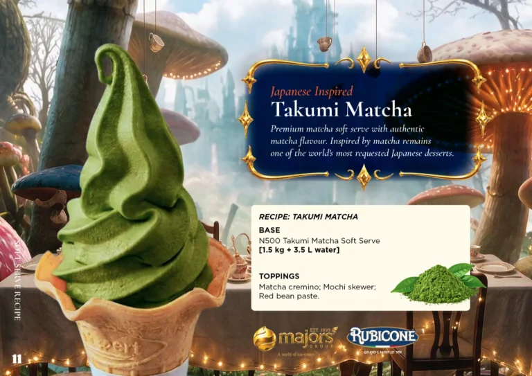 Takumi Matcha: soft serve recipe idea, Asian & Japanese inspired, from the Majors Group Frozen Dessert Wonderland 2026 booklet