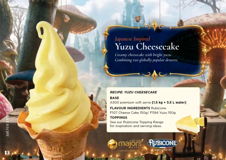 Yuzu Cheesecake: soft serve recipe idea, Asian & Japanese inspired, from the Majors Group Frozen Dessert Wonderland 2026 booklet