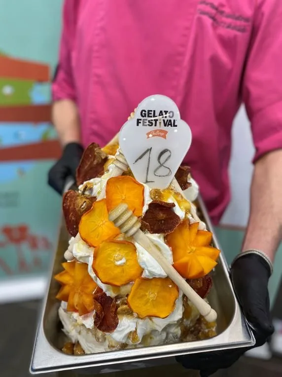 Sweet and Happines Greek yoghurt gelato with persimmon and honey almonds