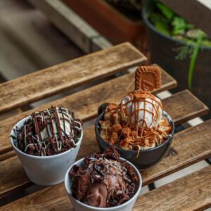 Vanilla gelato sundae with topping made with Rubicone ingredients